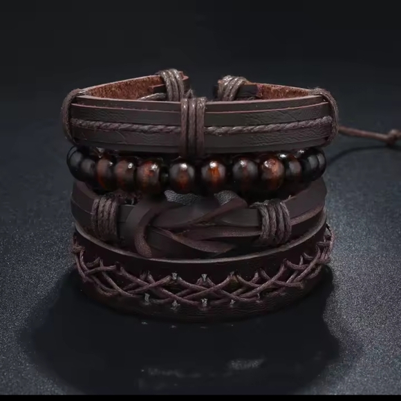 Brown Leather Bracelet Set Braided Beaded New f23 - Picture 1 of 3